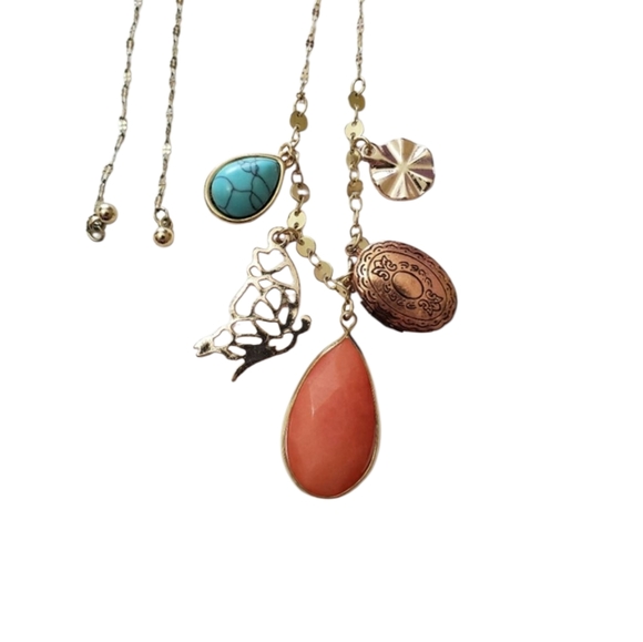 Jewelry - Sliding necklace with butterfly charm and Locket and stone charms